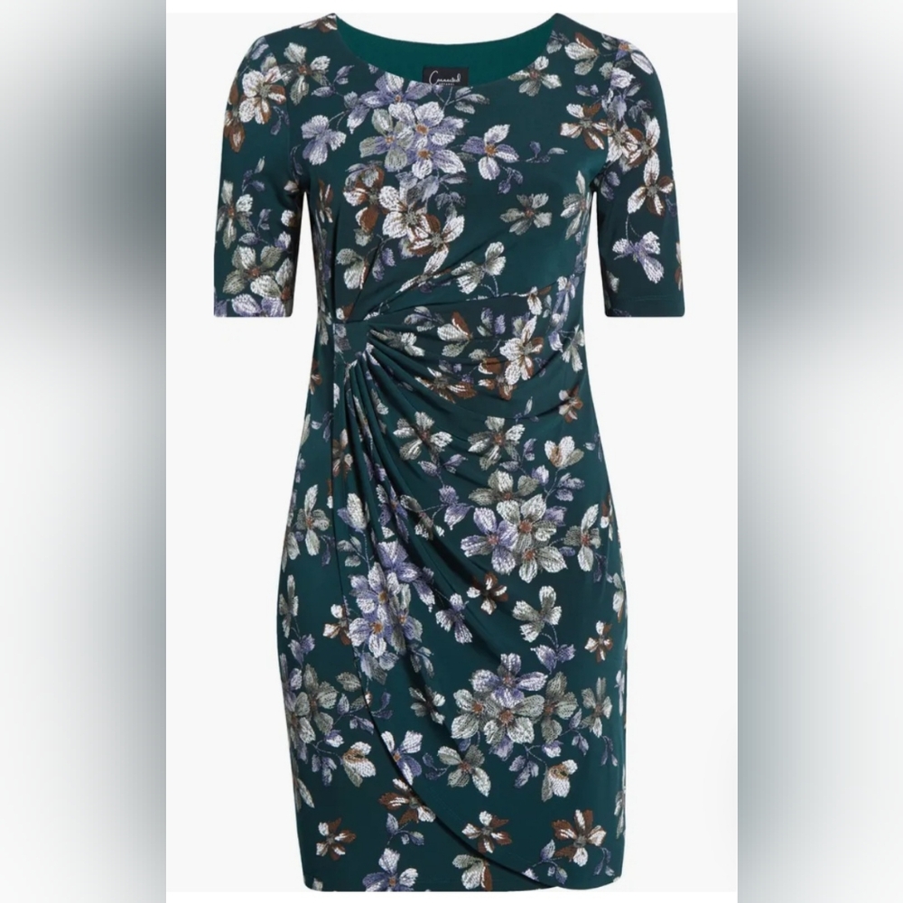 Connected Apparel  Dark Green Floral 3/4 Sleeve Dress